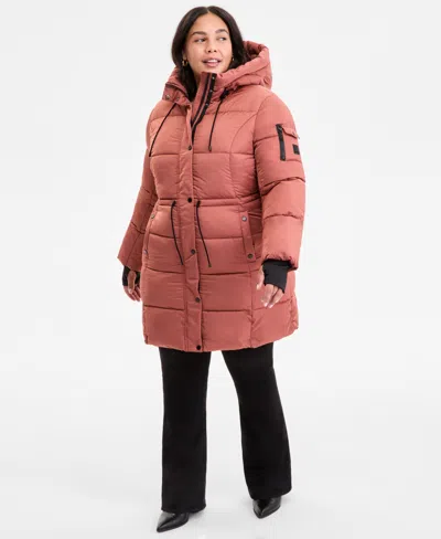 Steve Madden Plus Size Hooded Anorak Puffer Coat In Brown