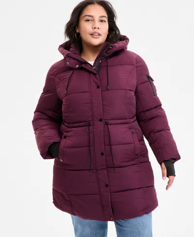 Steve Madden Plus Size Hooded Anorak Puffer Coat In Brown