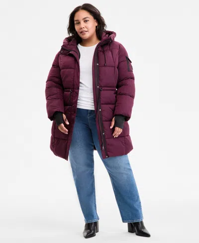 Steve Madden Plus Size Hooded Anorak Puffer Coat In Brown