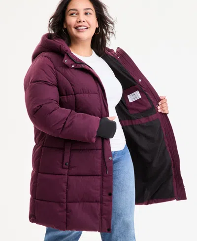 Steve Madden Plus Size Hooded Anorak Puffer Coat In Brown