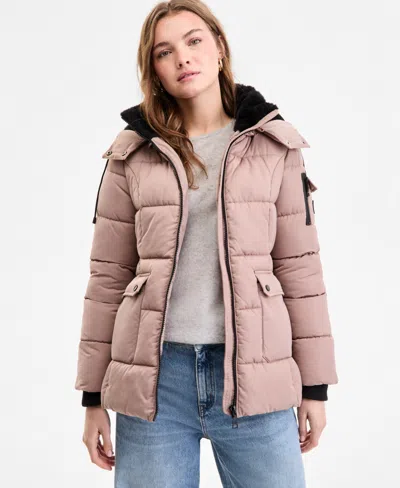 Steve Madden Plus Size Hooded Utility-pocket Puffer Coat In Pink