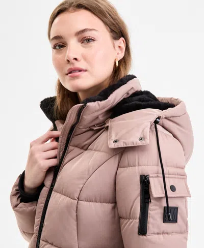 Steve Madden Plus Size Hooded Utility-pocket Puffer Coat In Pink