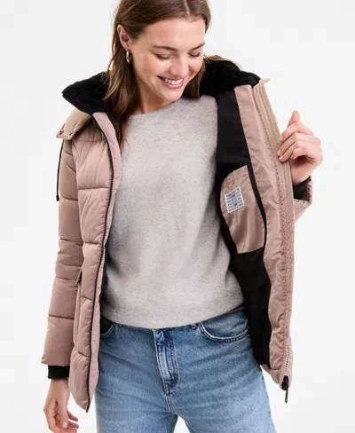 Steve Madden Plus Size Hooded Utility-pocket Puffer Coat In Pink