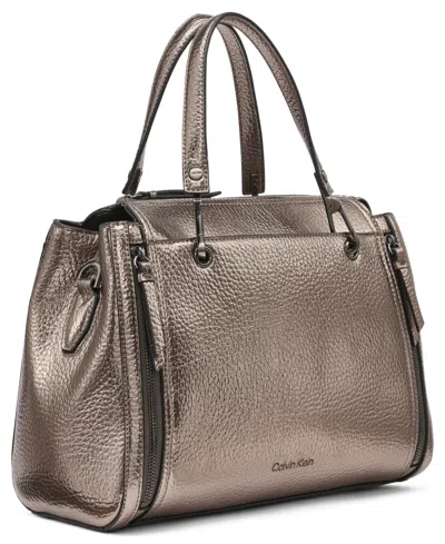 Calvin Klein Garnet Triple Compartment Top Zipper Metallic Satchel In Gray