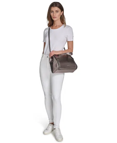 Calvin Klein Garnet Triple Compartment Top Zipper Metallic Satchel In Gray