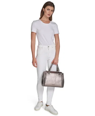 Calvin Klein Garnet Triple Compartment Top Zipper Metallic Satchel In Gray
