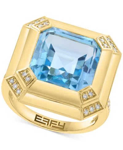 Effy Collection Effy Sky Blue Topaz (12-1/2 Ct. Tw.) & Diamond (1/8 Ct. T.w.) Ring In 14k Gold-plated Sterling Silve In Blue