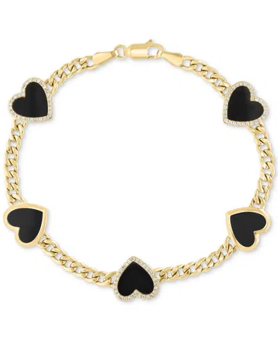 Effy Collection Effy Onyx (9 X 8-1/2 Mm) & Diamond (1/4 Ct. T.w.) Heart Flex Bracelet In 14k Gold Over Silver In Black