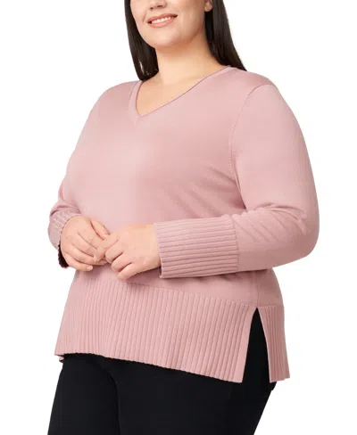 Melissa Paige Plus Size Solid V-neck High-cuff Sweater In Pink