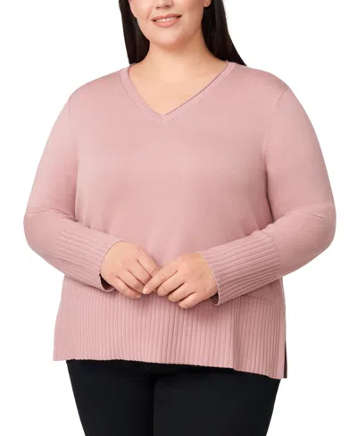 Melissa Paige Plus Size Solid V-neck High-cuff Sweater In Pink