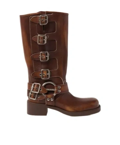 Miu Miu Stivali Buckle-detailed Leather Knee Boots In Brown