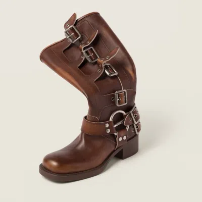 Miu Miu Stivali Buckle-detailed Leather Knee Boots In Brown