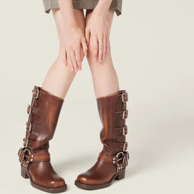 Miu Miu Stivali Buckle-detailed Leather Knee Boots In Brown