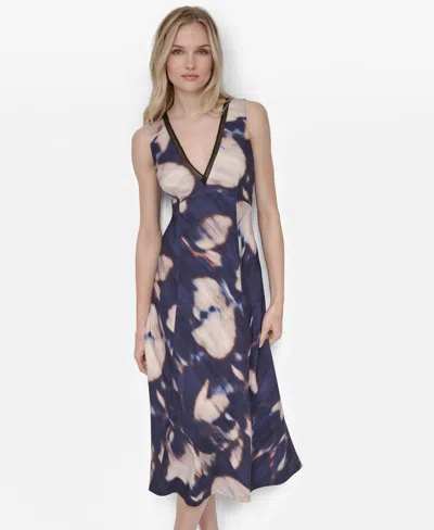 Dkny Women's Sleeveless V Neck Fit And Flare Midi Dress In Blue