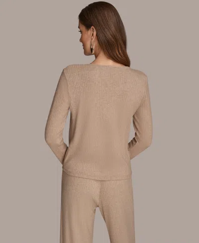 Donna Karan Women's Long Sleeve Metallic Rib Knit Top In Brown