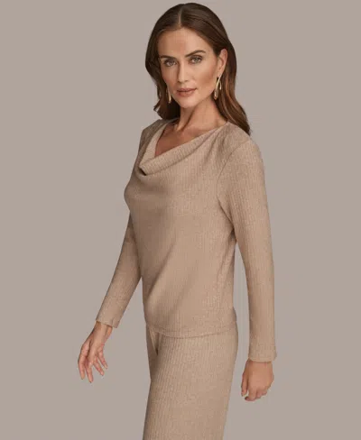 Donna Karan Women's Long Sleeve Metallic Rib Knit Top In Brown