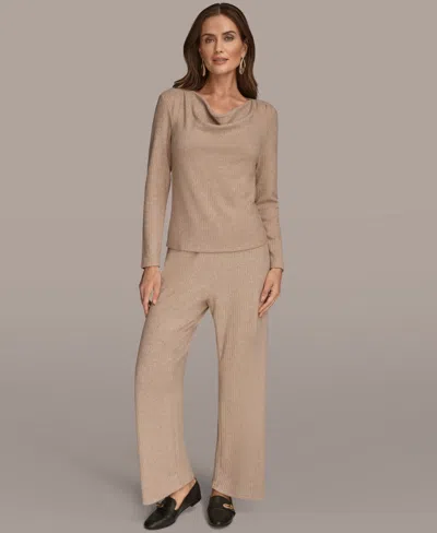 Donna Karan Women's Long Sleeve Metallic Rib Knit Top In Brown