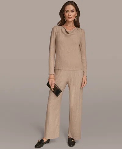 Donna Karan Women's Long Sleeve Metallic Rib Knit Top In Brown