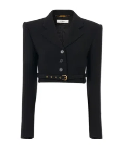 Chloé Cropped Spencer Jacket In Wool Crêpe Black Size 8 100% Virgin Wool, Horn Bubalus Bubalis, Farmed, Co In Black