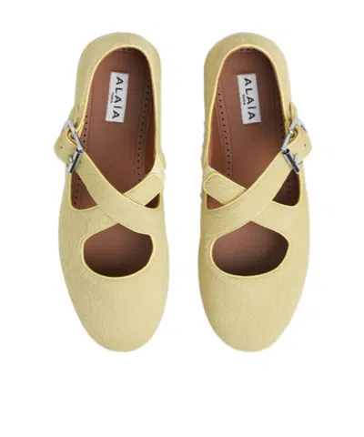Alaïa Criss Cross Leather-trimmed Calf Hair Ballet Flats In Yellow