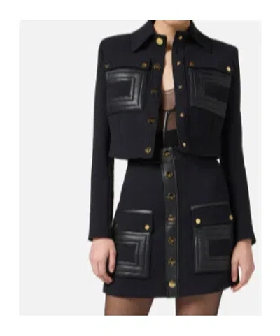 Elisabetta Franchi Jacket In Technical Fabric With Faux Leather Details In Black