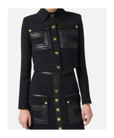 Elisabetta Franchi Jacket In Technical Fabric With Faux Leather Details In Black