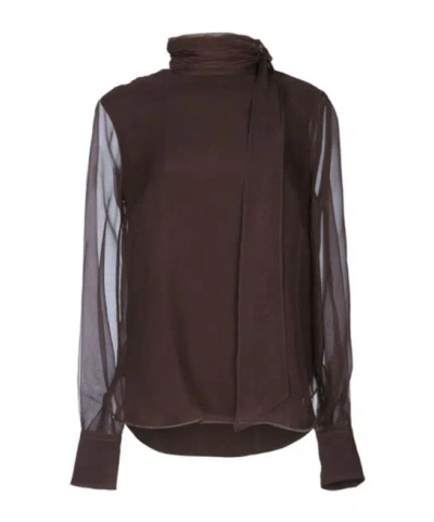 Brunello Cucinelli Sheer Long Sleeve Top With Tie Neck In Multi