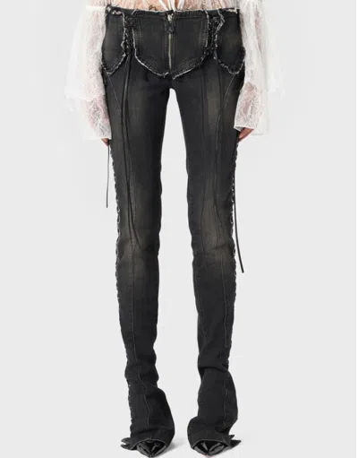 Blumarine Flared Hem Trousers With Lace-up And Frayed Edges In Black