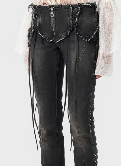 Blumarine Flared Hem Trousers With Lace-up And Frayed Edges In Black