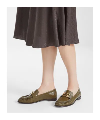 Fendi Baguette Ff Plaque Gathered Loafers In Brown