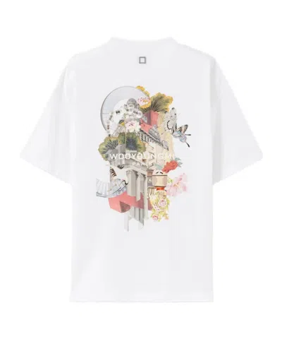 Wooyoungmi White Crewneck T-shirt With Logo Patch On The Front And Floral Motif On The Rear In Cotton Man In White