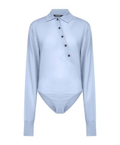 Jacquemus Collared Long-sleeve Knit Bodysuit In Blue