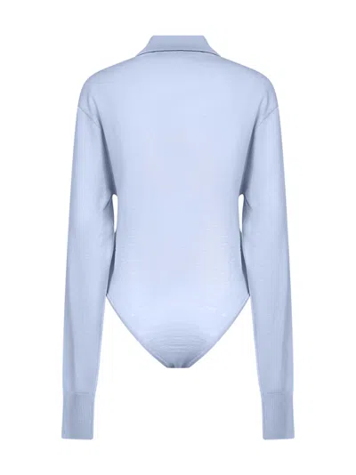 Jacquemus Collared Long-sleeve Knit Bodysuit In Blue