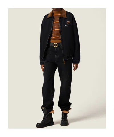 Miu Miu Logo-patch Zipped Denim Padded Jacket In Black