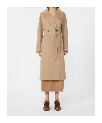 Weekend Max Mara Long Length Belted Coat With Notched Lapels In Brown