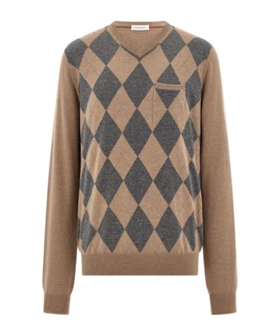 Ferragamo V-neck Argyle Virgin-wool Sweater In Brown