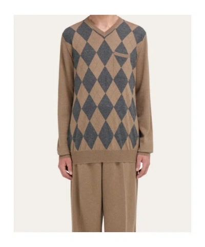 Ferragamo V-neck Argyle Virgin-wool Sweater In Brown