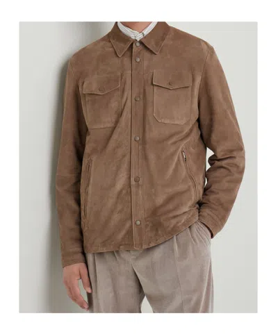 Canali Suede Overshirt In Biscuit In Burgundy