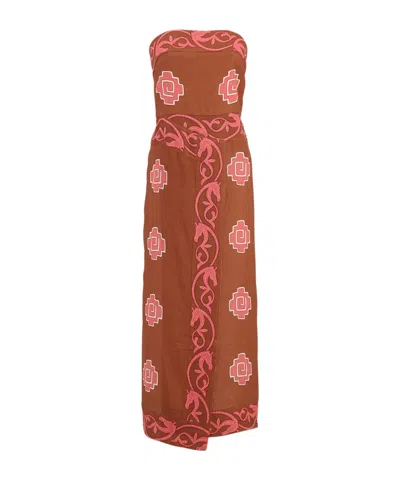 Johanna Ortiz Ancient Strapless Wrap-effect Printed Linen Midi Dress In Brown