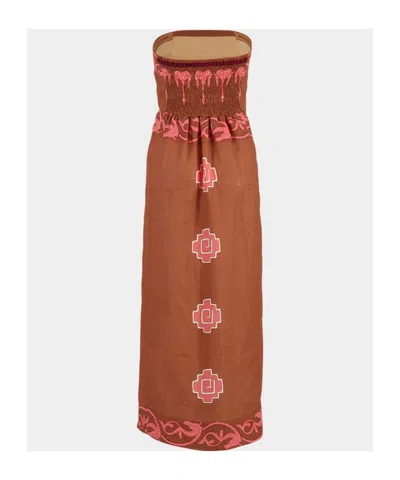 Johanna Ortiz Ancient Strapless Wrap-effect Printed Linen Midi Dress In Brown