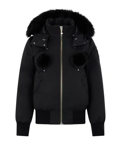 Moose Knuckles Fitted Hooded Jacket With Plush Fur Trim And Metallic Accents In Black