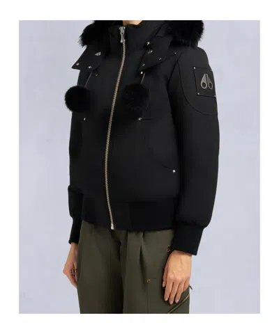 Moose Knuckles Fitted Hooded Jacket With Plush Fur Trim And Metallic Accents In Black