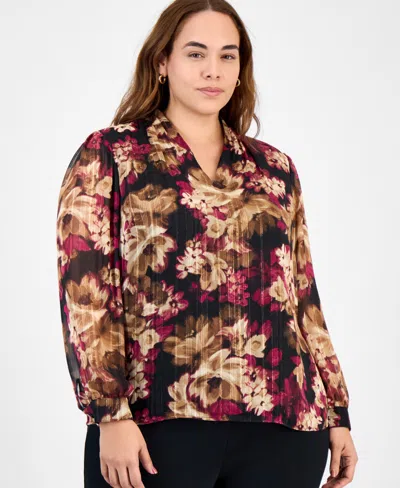 Kasper Plus Size Printed Metallic Stripe Long-sleeve Blouse In Multi