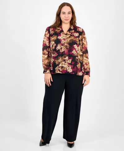 Kasper Plus Size Printed Metallic Stripe Long-sleeve Blouse In Multi