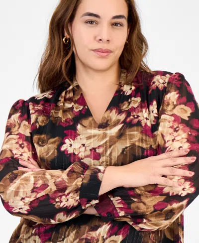 Kasper Plus Size Printed Metallic Stripe Long-sleeve Blouse In Multi