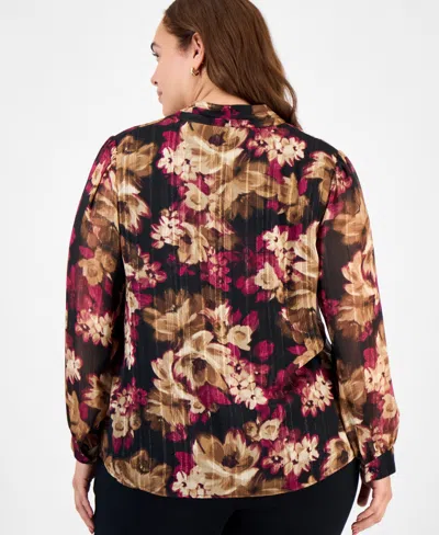 Kasper Plus Size Printed Metallic Stripe Long-sleeve Blouse In Multi