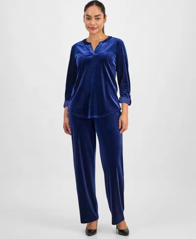 Ak Anne Klein Petite Velour Split-neck Top In Blue