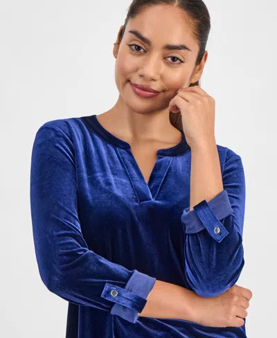 Ak Anne Klein Petite Velour Split-neck Top In Blue
