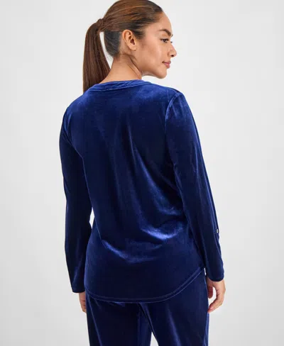 Ak Anne Klein Petite Velour Split-neck Top In Blue