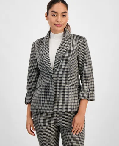 Ak Anne Klein Petite Houndstooth-print Roll-tab Blazer In Gray